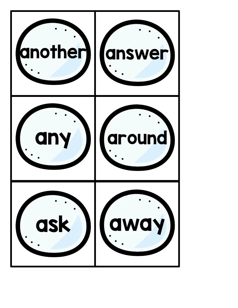 Six snowball sight word cards for the penguin pocket chart game: another, answer, any, around, ask, away