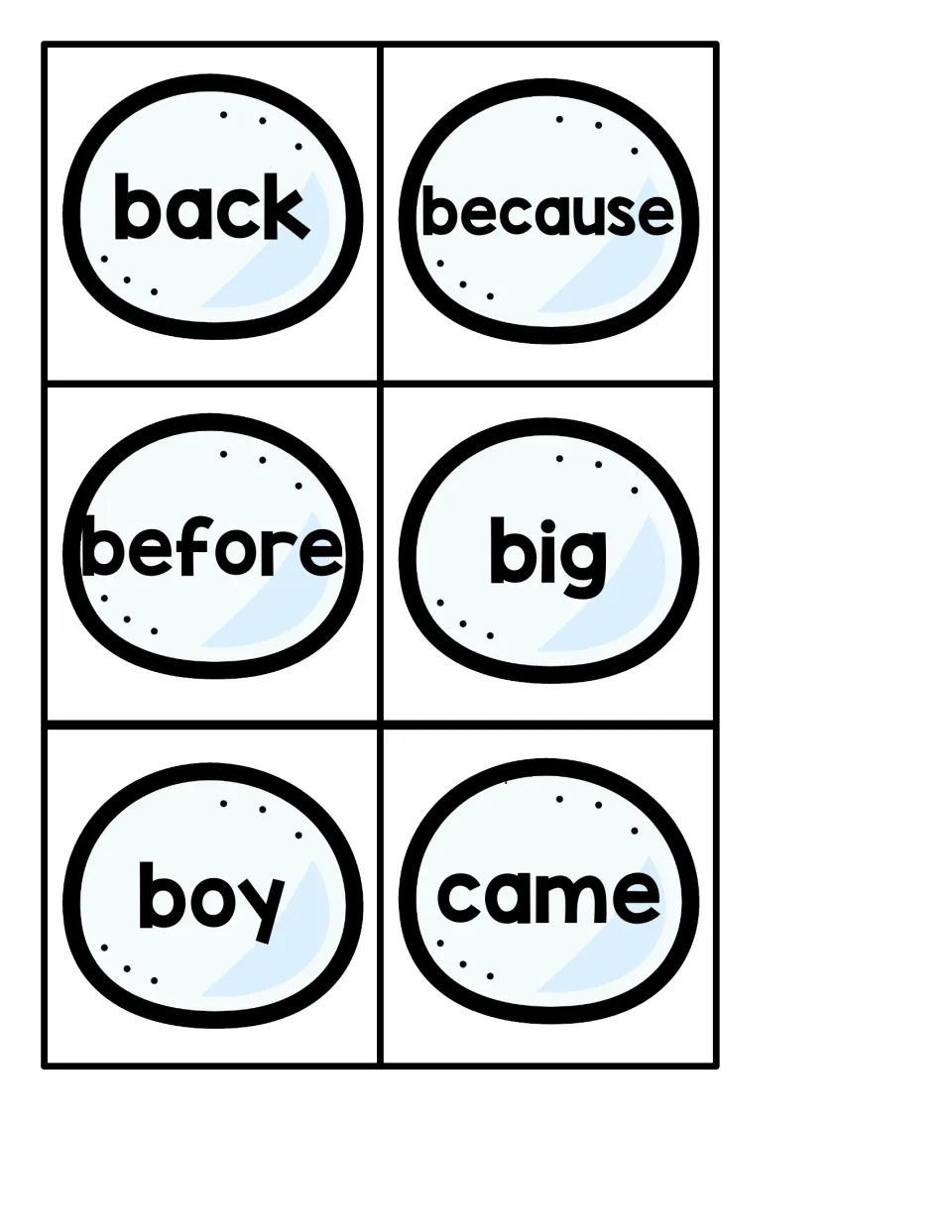 Six snowball sight word cards for the penguin pocket chart game: back, because, before, big, boy, came