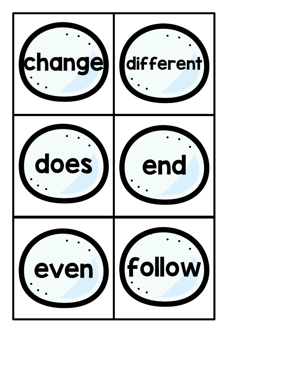 Six snowball sight word cards for the penguin pocket chart game: change, different, does, end, even, follow