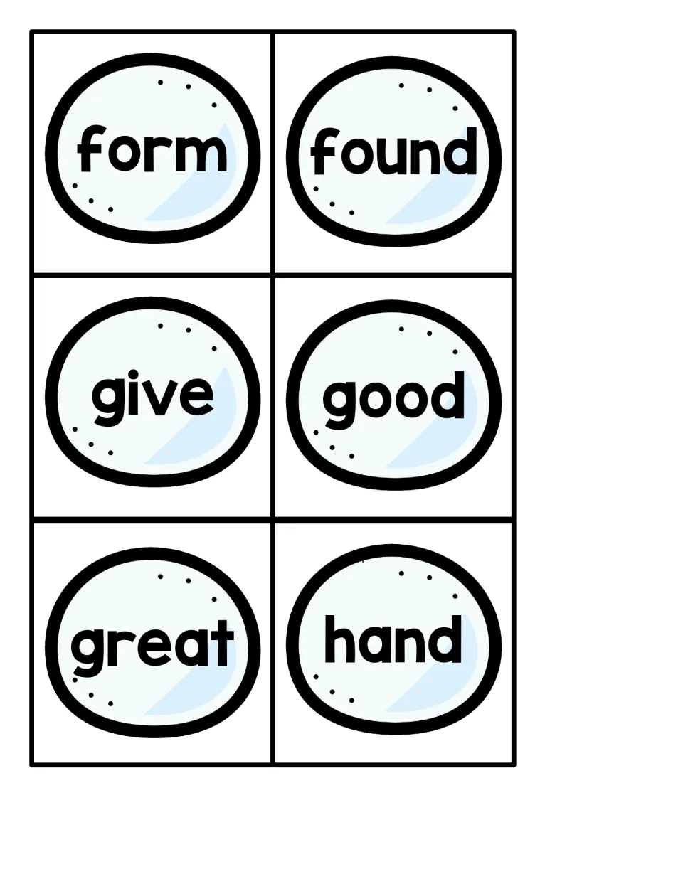 Six snowball sight word cards for the penguin pocket chart game: form, found, give, good, great, hand