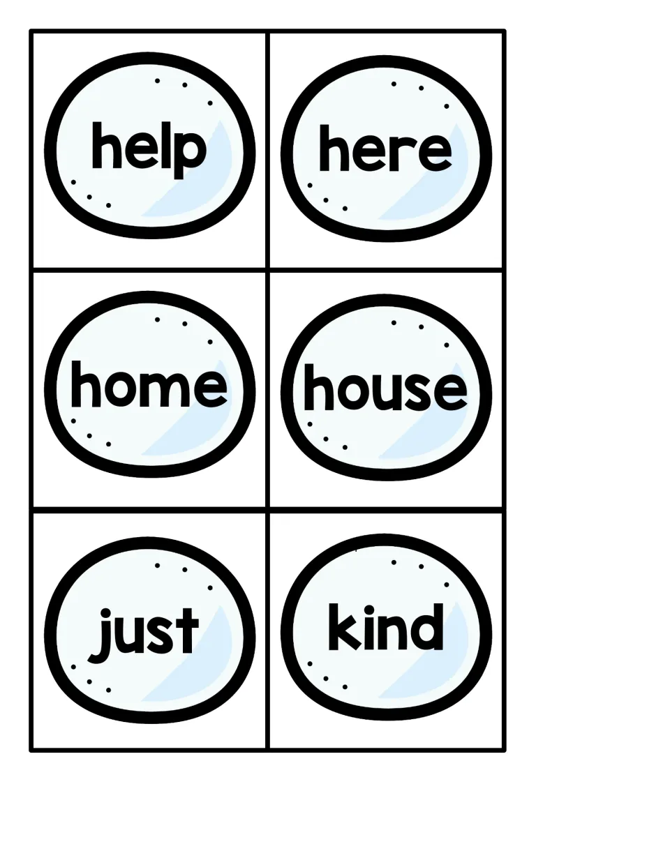 Six snowball sight word cards for the penguin pocket chart game: help, here, home, house, just, kind