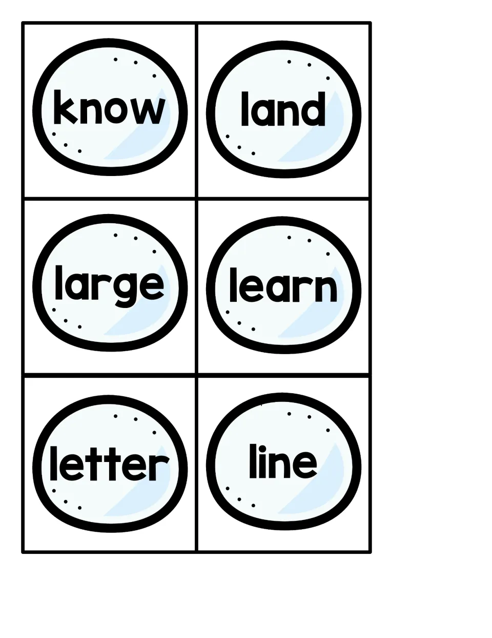Six snowball sight word cards for the penguin pocket chart game: know, land, large, learn, letter, line