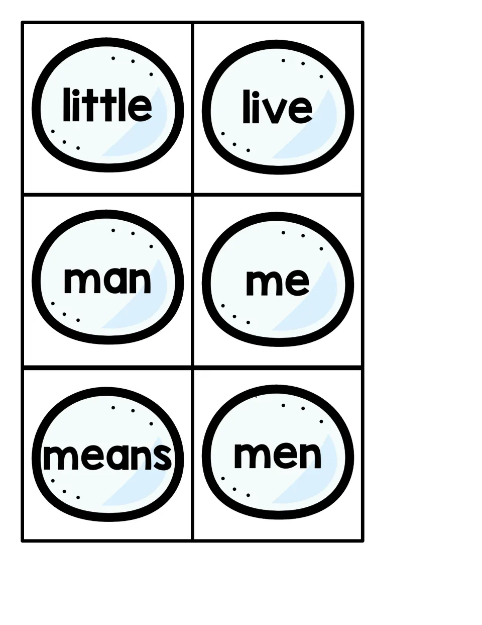 Six snowball sight word cards for the penguin pocket chart game: little, live, man, me, means, men