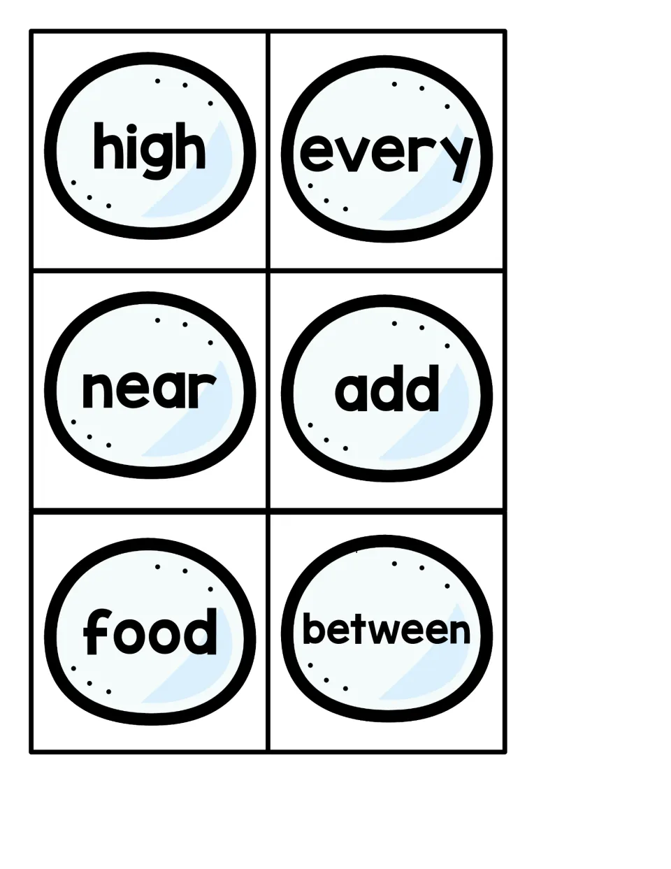 Snowball sight word cards: students read high, every, near, add, food and between to guess where the penguin is hiding