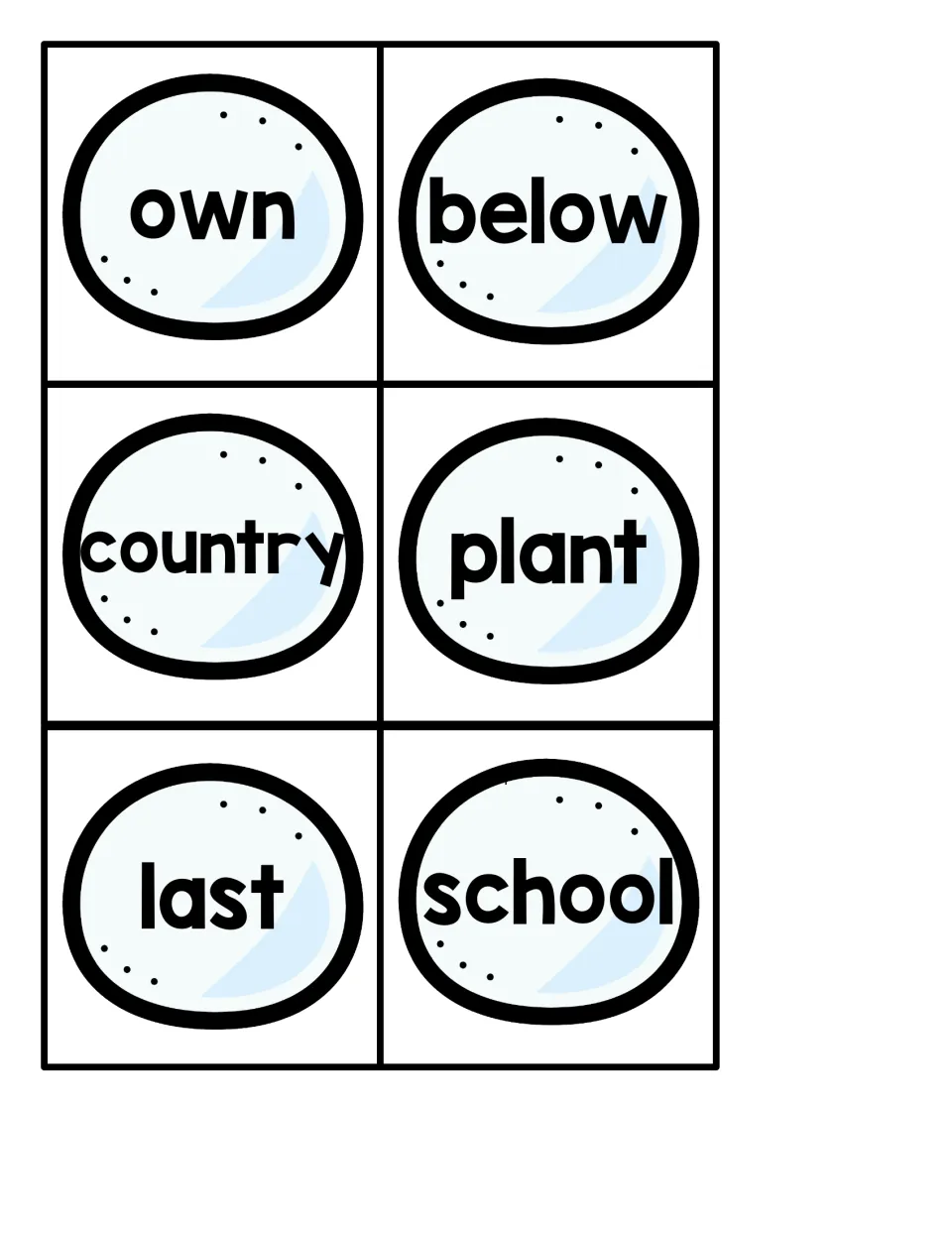 Snowball sight word cards for reading own, below, country, plant, last and school aloud while hunting for the penguin