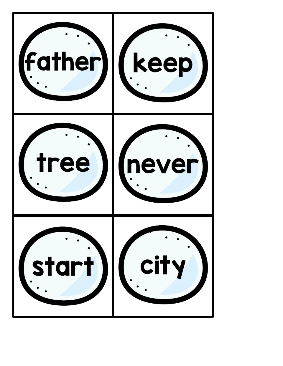 Snowball word cards with father, keep, tree, never, start and city; students read each word before peeking for the penguin