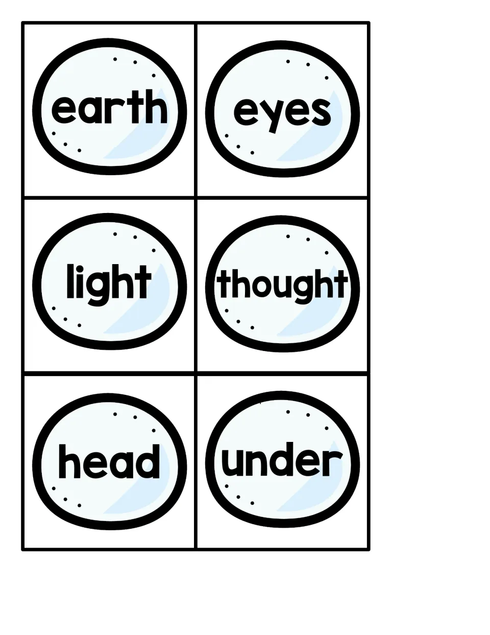 Sight word snowballs showing earth, eyes, light, thought, head and under for students to read in the penguin hiding game