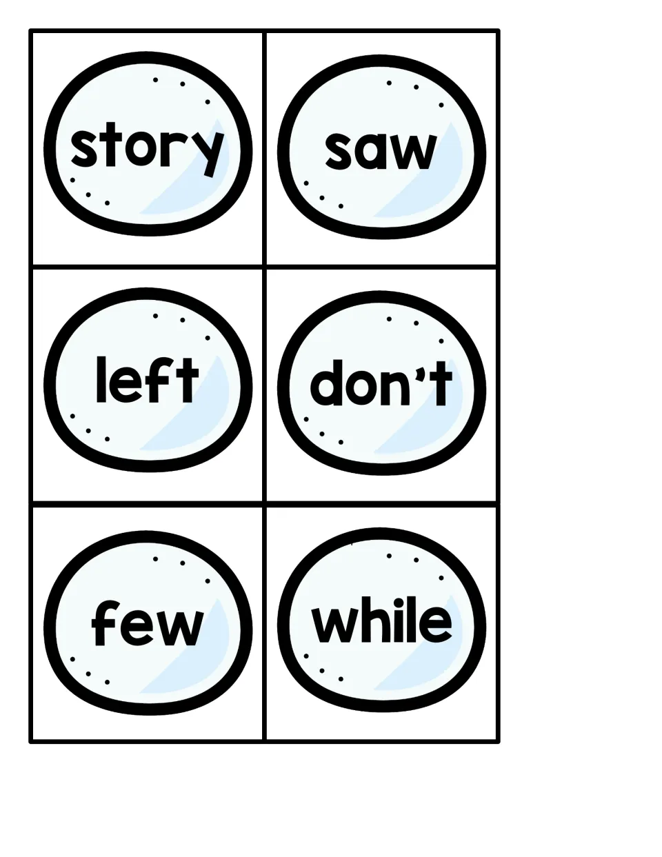 Snowball cards for word reading: story, saw, left, don't, few and while, each read aloud before checking for the penguin