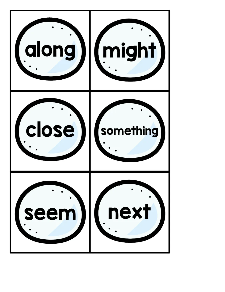 Snowball sight words along, might, close, something, seem and next for students to read while seeking the hidden penguin