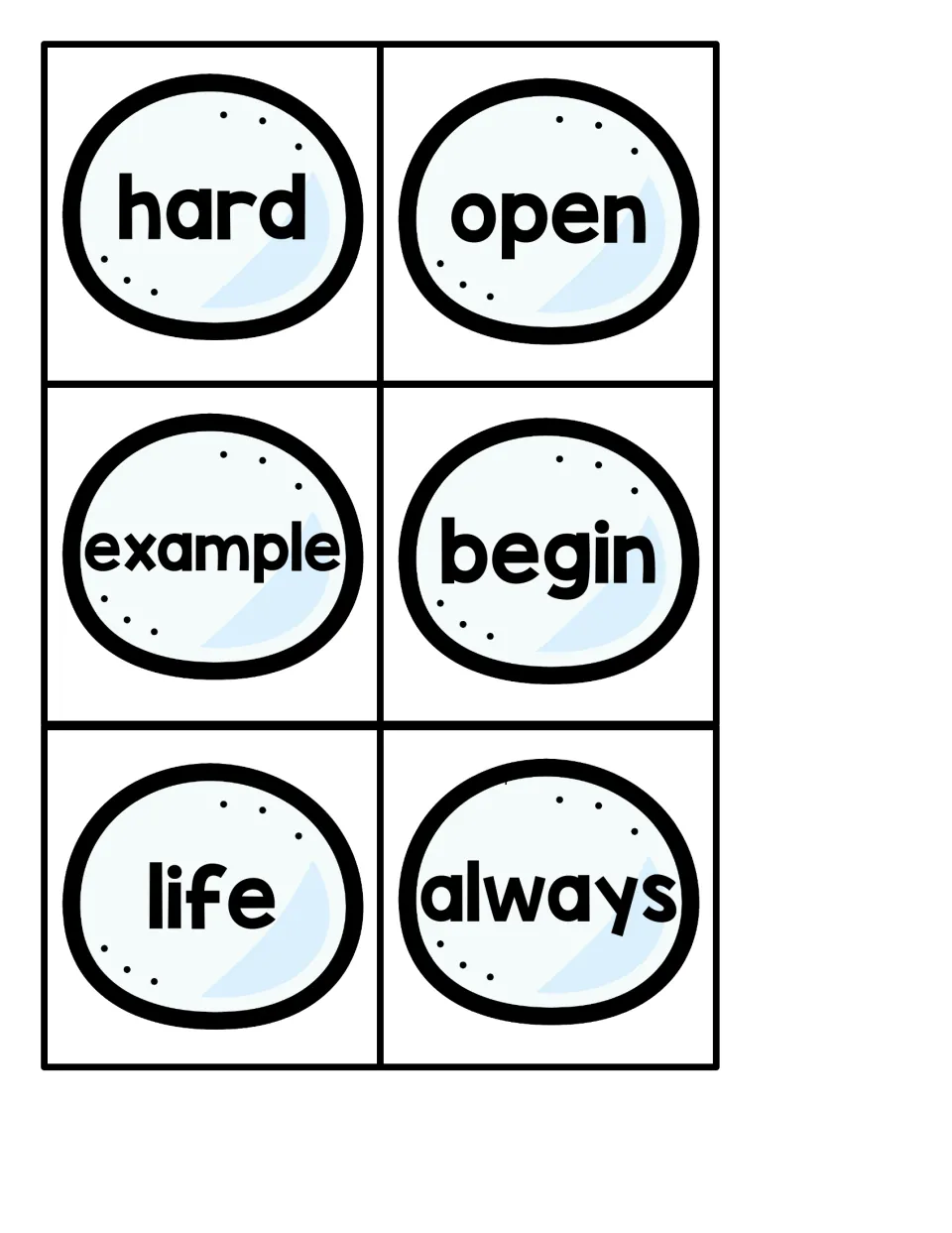 Snowball word cards reading hard, open, example, begin, life and always; students read a card, then check for the penguin