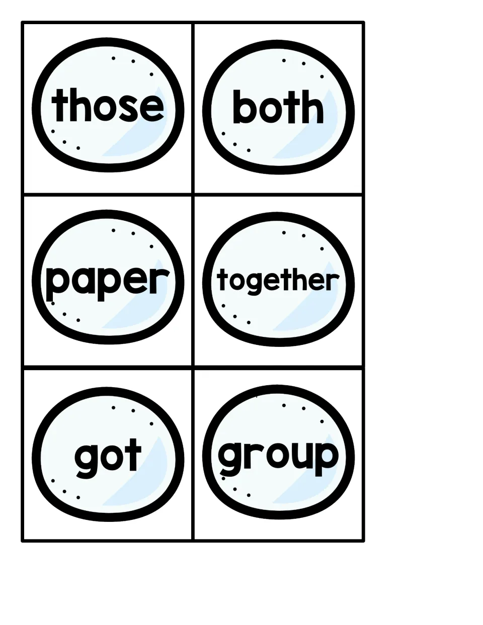 Sight word reading with snowball cards for those, both, paper, together, got and group in the find-the-penguin game