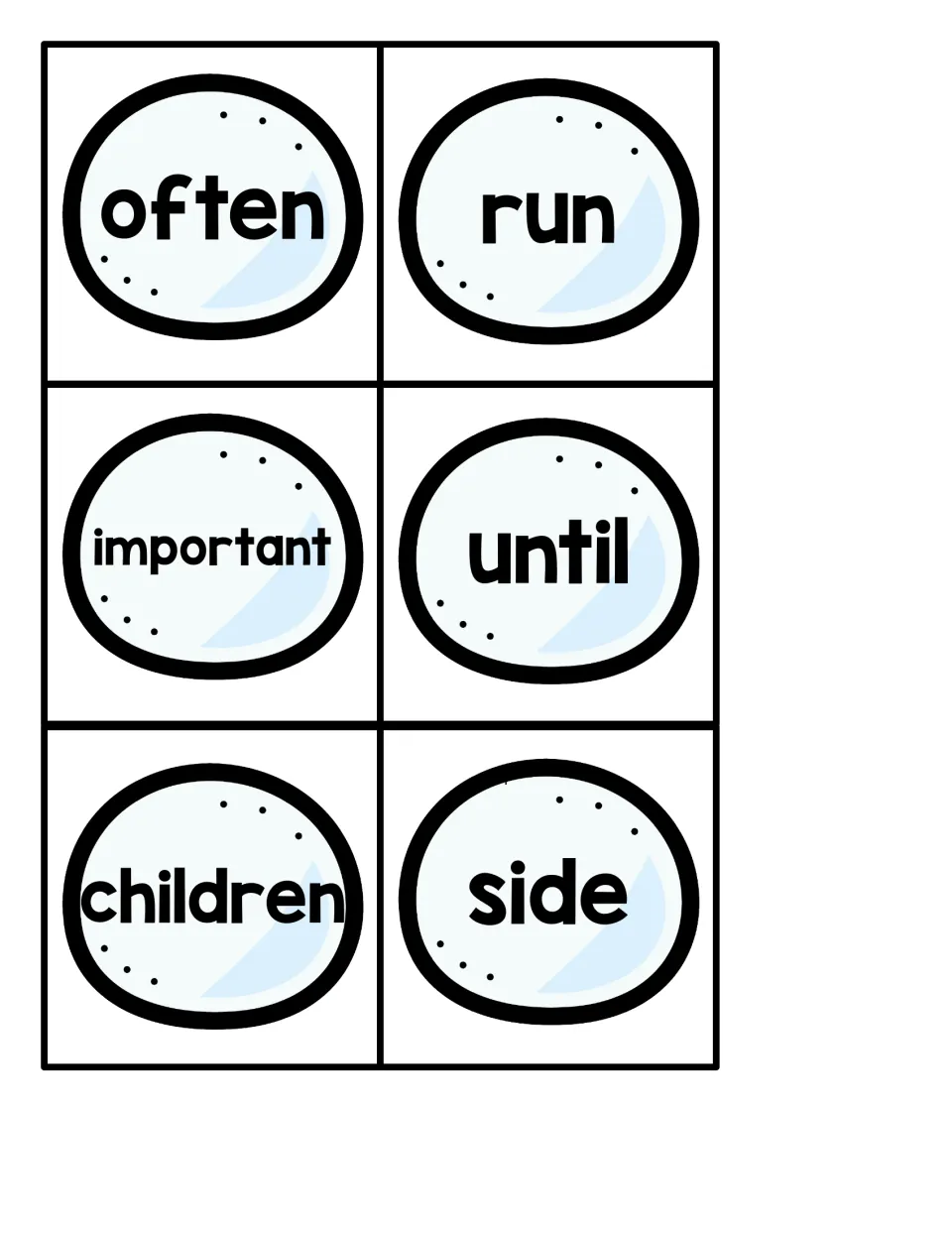 Snowball cards with often, run, important, until, children and side for students to read aloud during the penguin hunt
