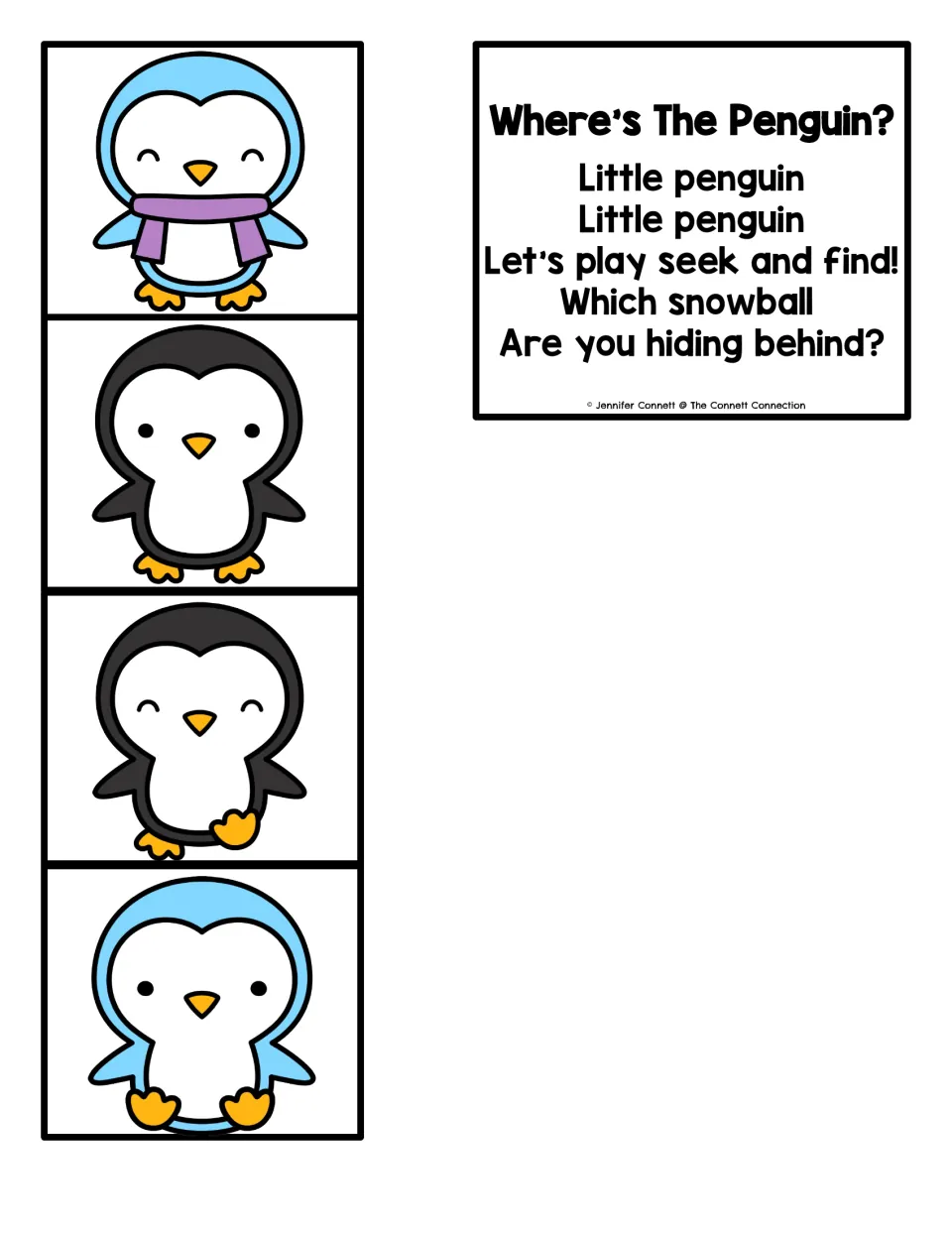Four small penguin cards to hide behind sight words, plus the chant asking which snowball hides a penguin