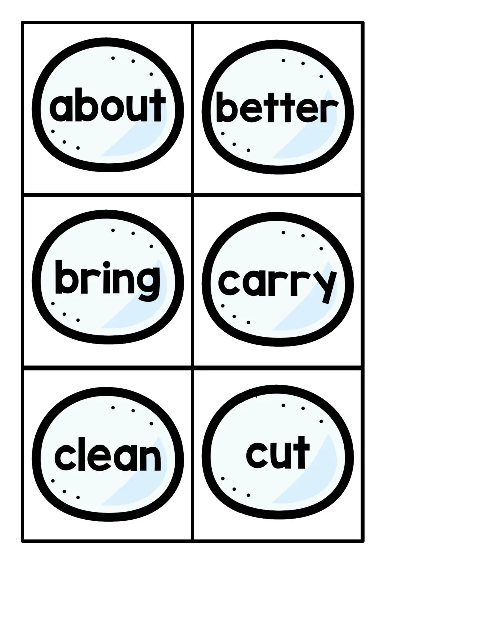 Small snowball sight word cards 1–6 for the penguin hiding game: about, better, bring, carry, clean, cut
