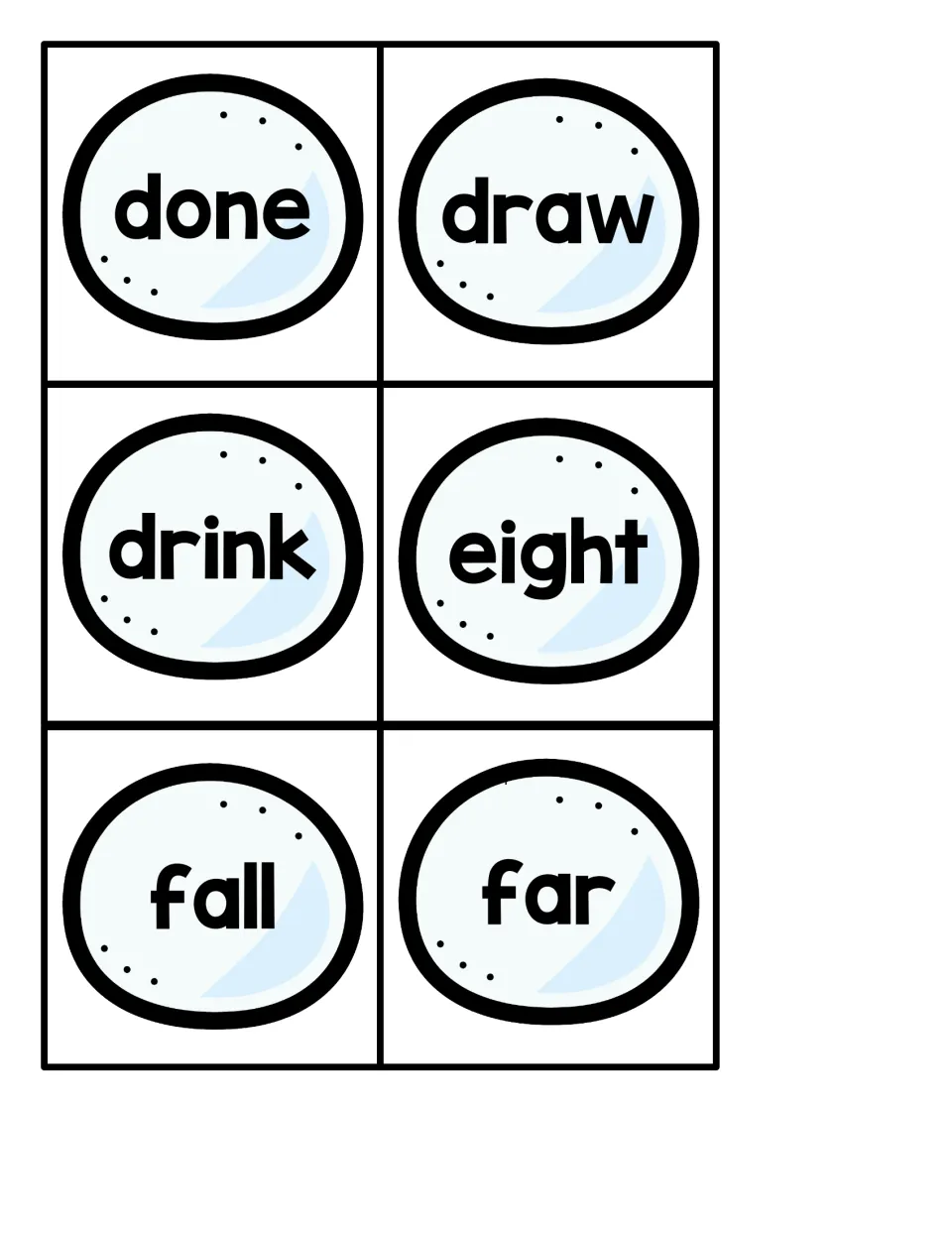 Small snowball sight word cards 7–12 for the penguin hiding game: done, draw, drink, eight, fall, far