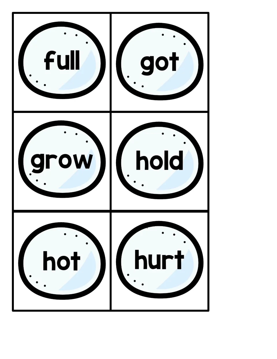 Small snowball sight word cards 13–18 for the penguin hiding game: full, got, grow, hold, hot, hurt