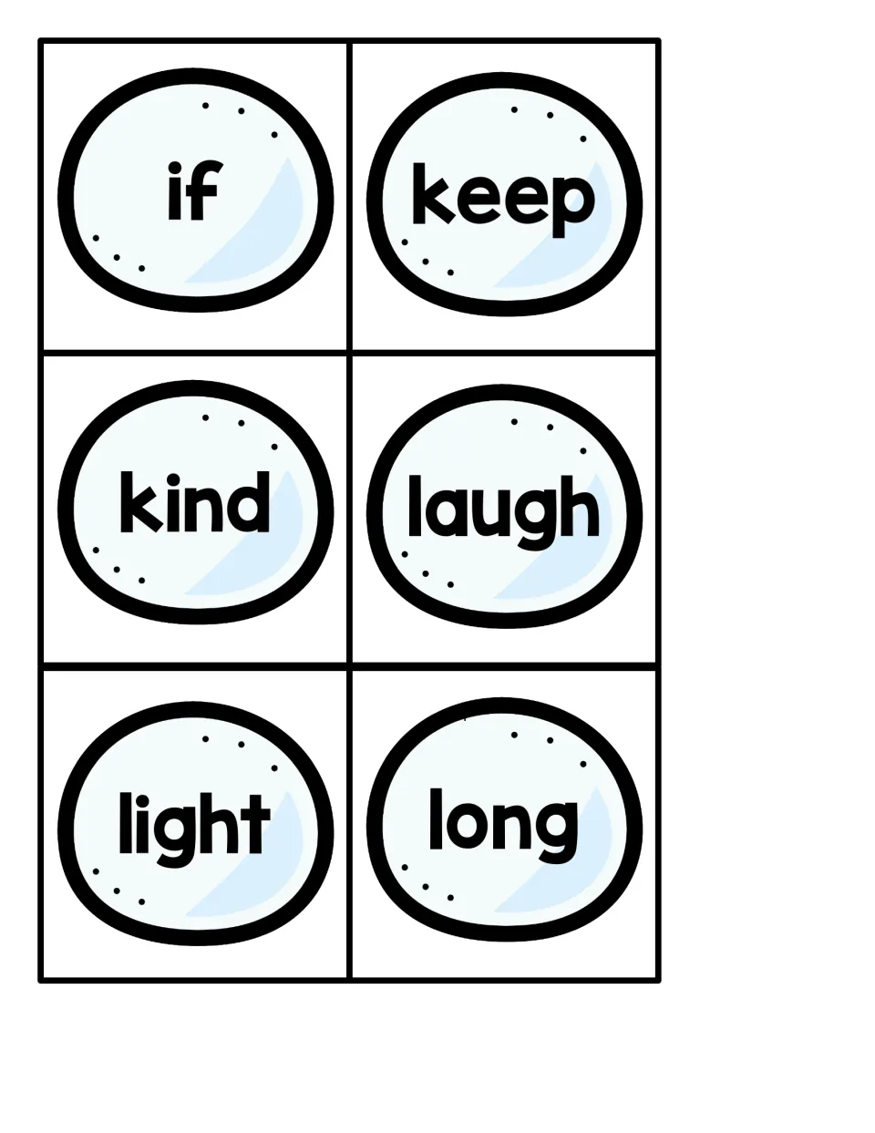 Small snowball sight word cards 19–24 for the penguin hiding game: if, keep, kind, laugh, light, long