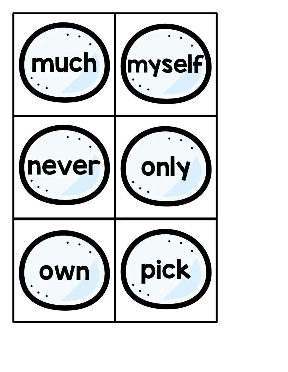 Small snowball sight word cards 25–30 for the penguin hiding game: much, myself, never, only, own, pick