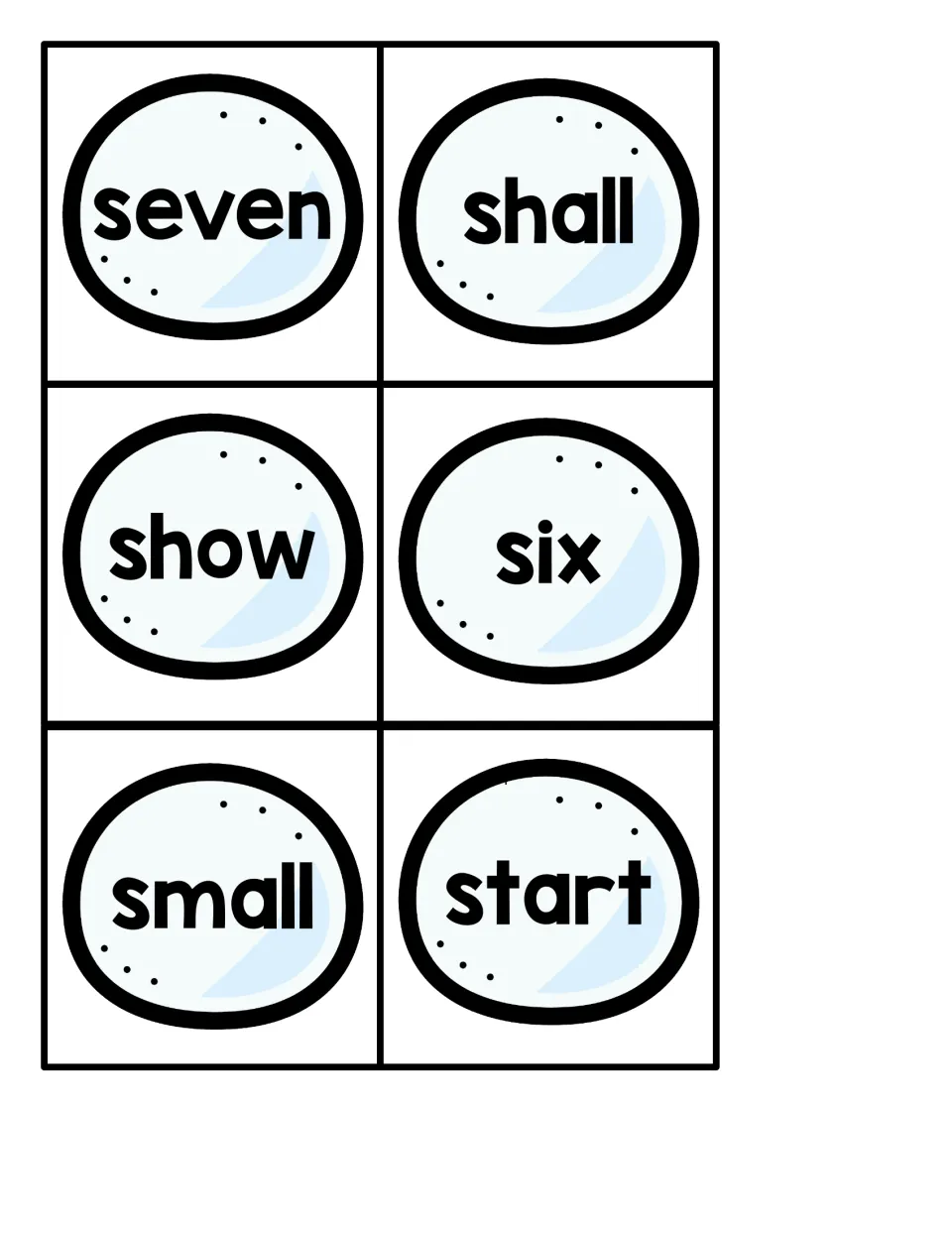 Small snowball sight word cards 31–36 for the penguin hiding game: seven, shall, show, six, small, start