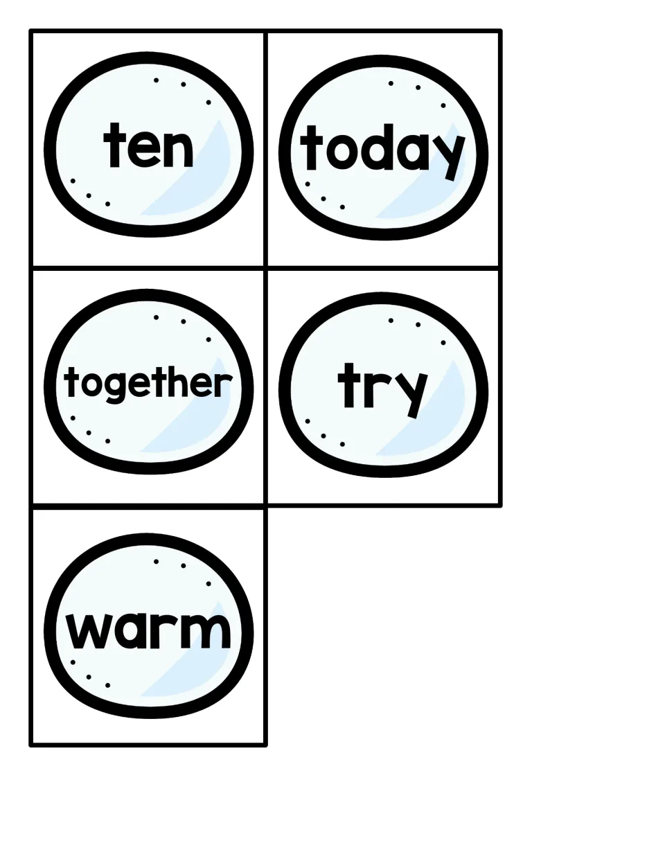 Small snowball sight word cards 37–41 for the penguin hiding game: ten, today, together, try, warm
