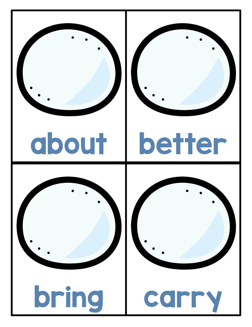 Large sight word cards 1–4 for the penguin hiding game, with about, better, bring, carry below snowballs