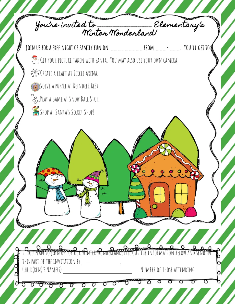 Family event invitation listing Santa photos, crafts, puzzles, games, shopping, and an attendance reply.
