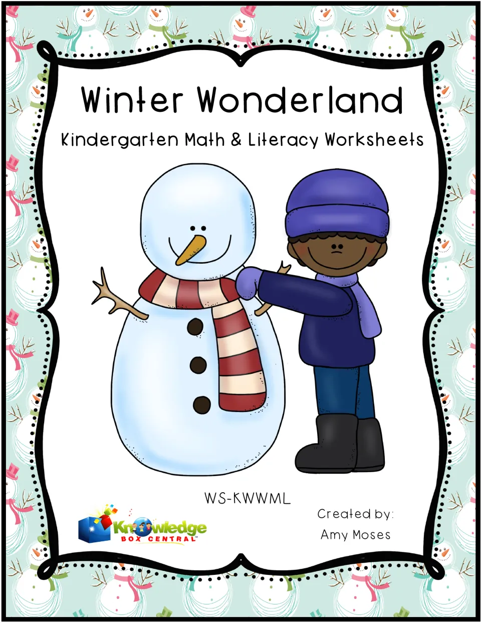 Winter Wonderland cover for kindergarten math and literacy worksheets, showing a child in a purple hat beside a snowman