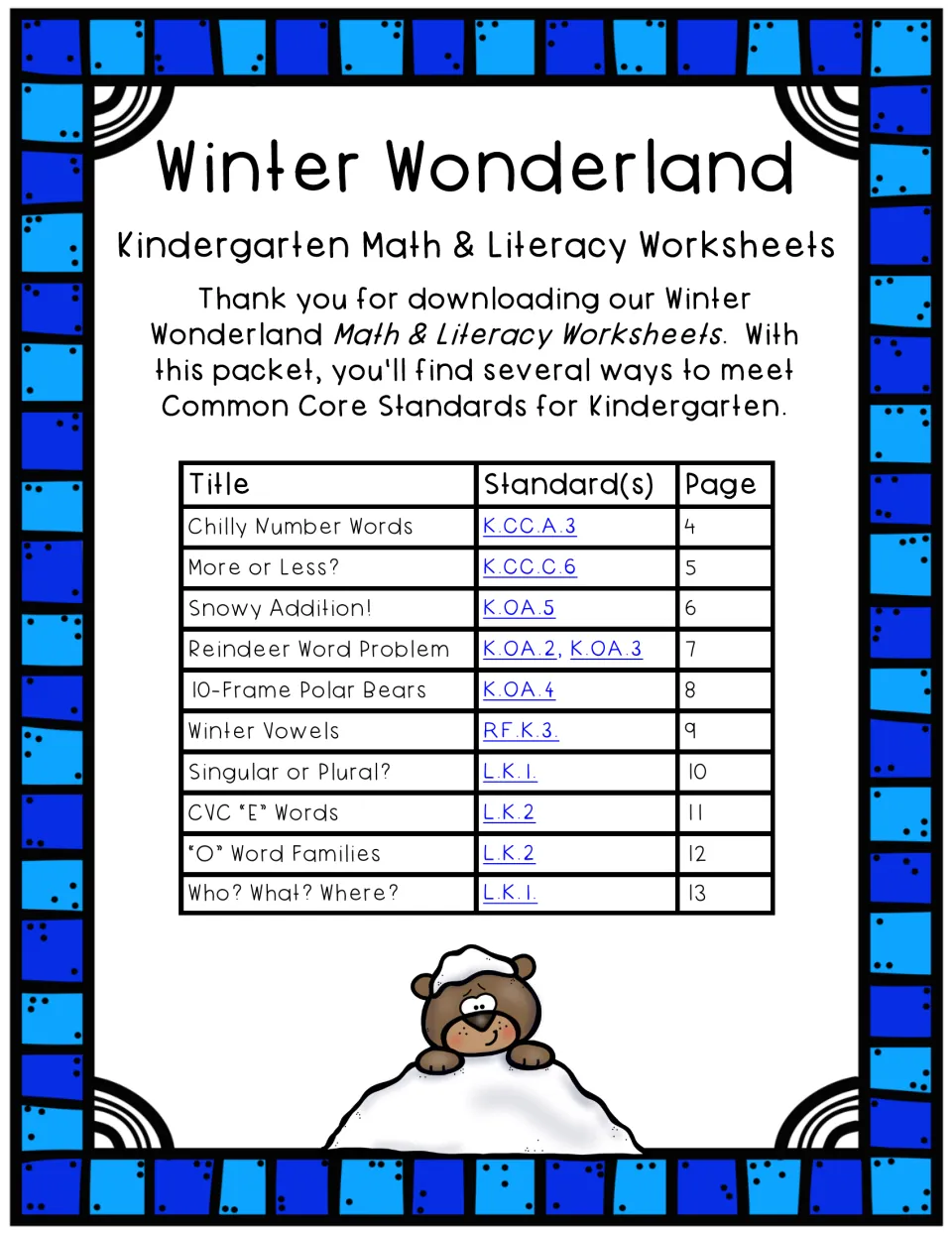 Contents list of 10 winter activities, from Chilly Number Words to Who? What? Where?, each with its standard and page