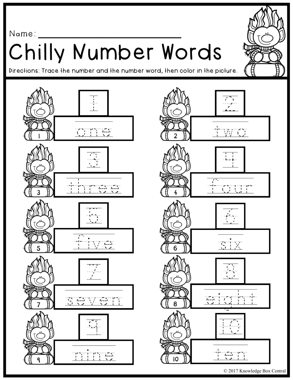Chilly Number Words: students trace the numerals 1 to 10 and the number words one to ten, then color each picture