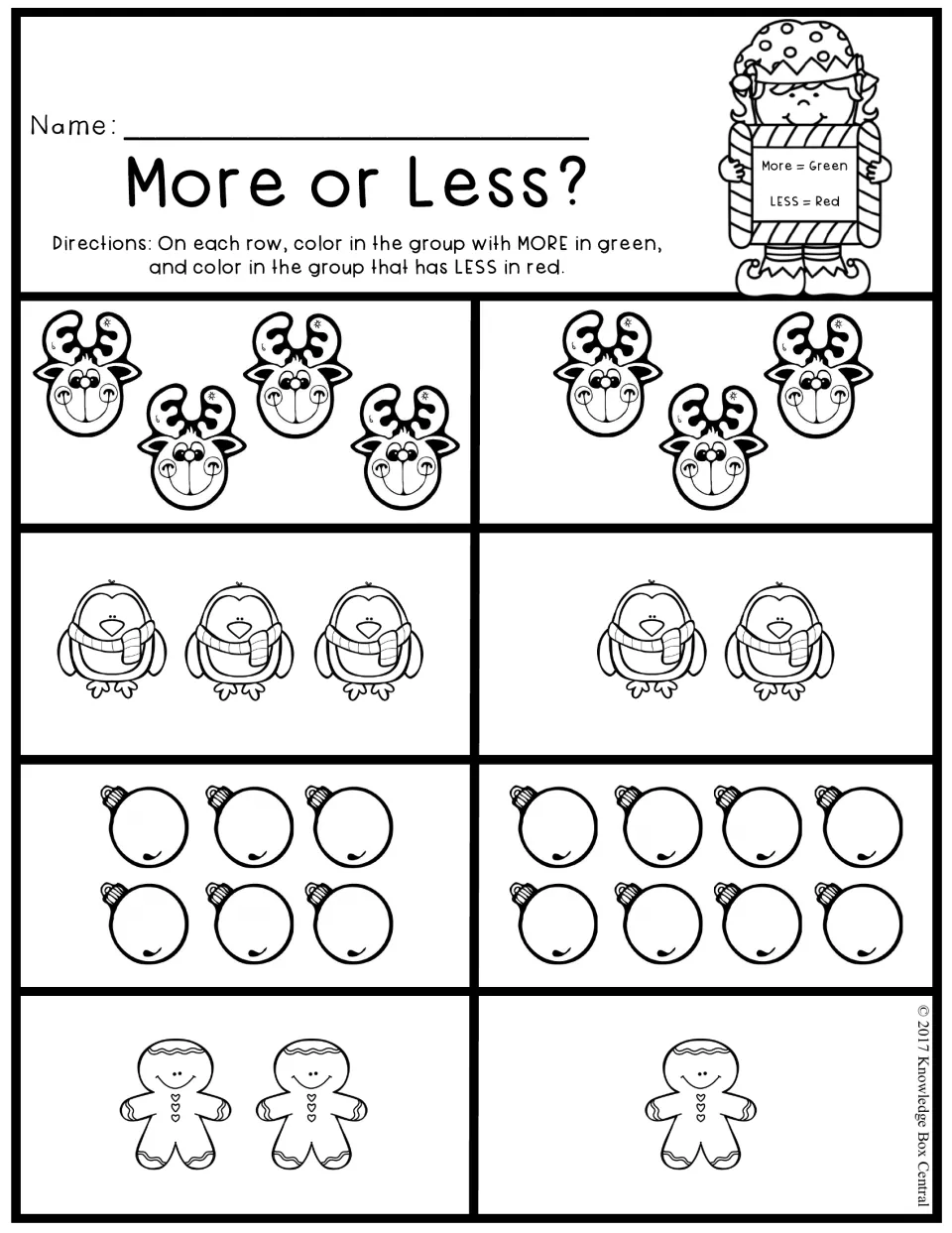 More or Less?: students compare reindeer, penguin, ornament and gingerbread groups, coloring more green and less red