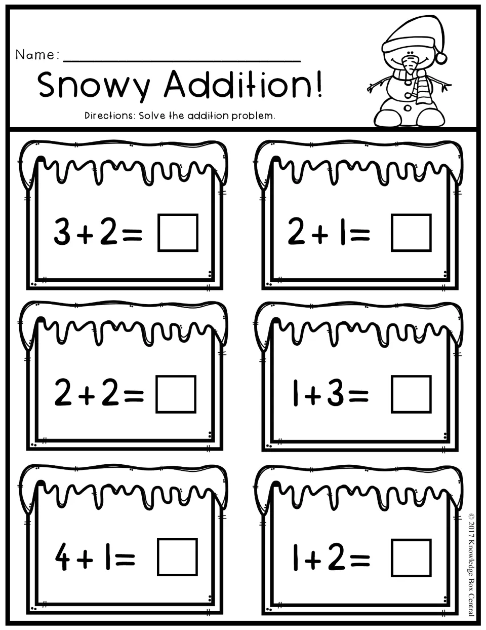 Snowy Addition!: students solve six sums within 5, such as 3+2 and 1+3, writing each answer after the equals sign