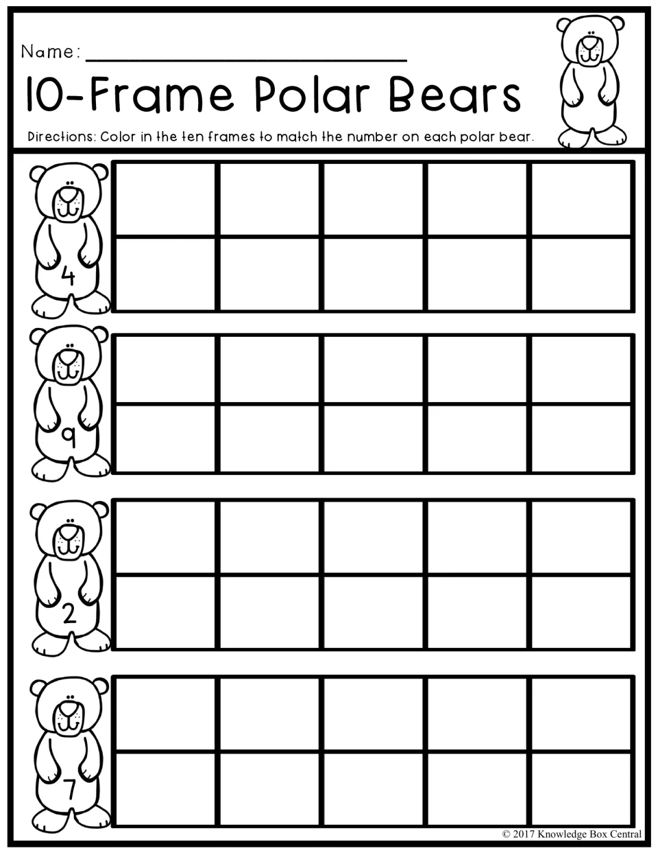 10-Frame Polar Bears: students color ten frames to show the numbers 4, 9, 2 and 7 printed on each polar bear