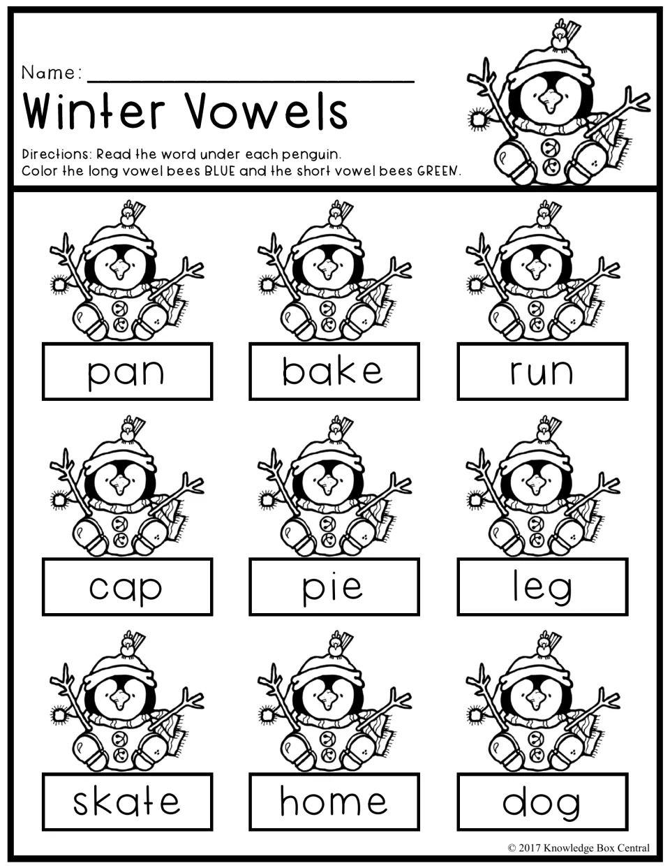 Winter Vowels: students read nine words like pan, bake and pie, coloring long vowel words blue and short vowel ones green