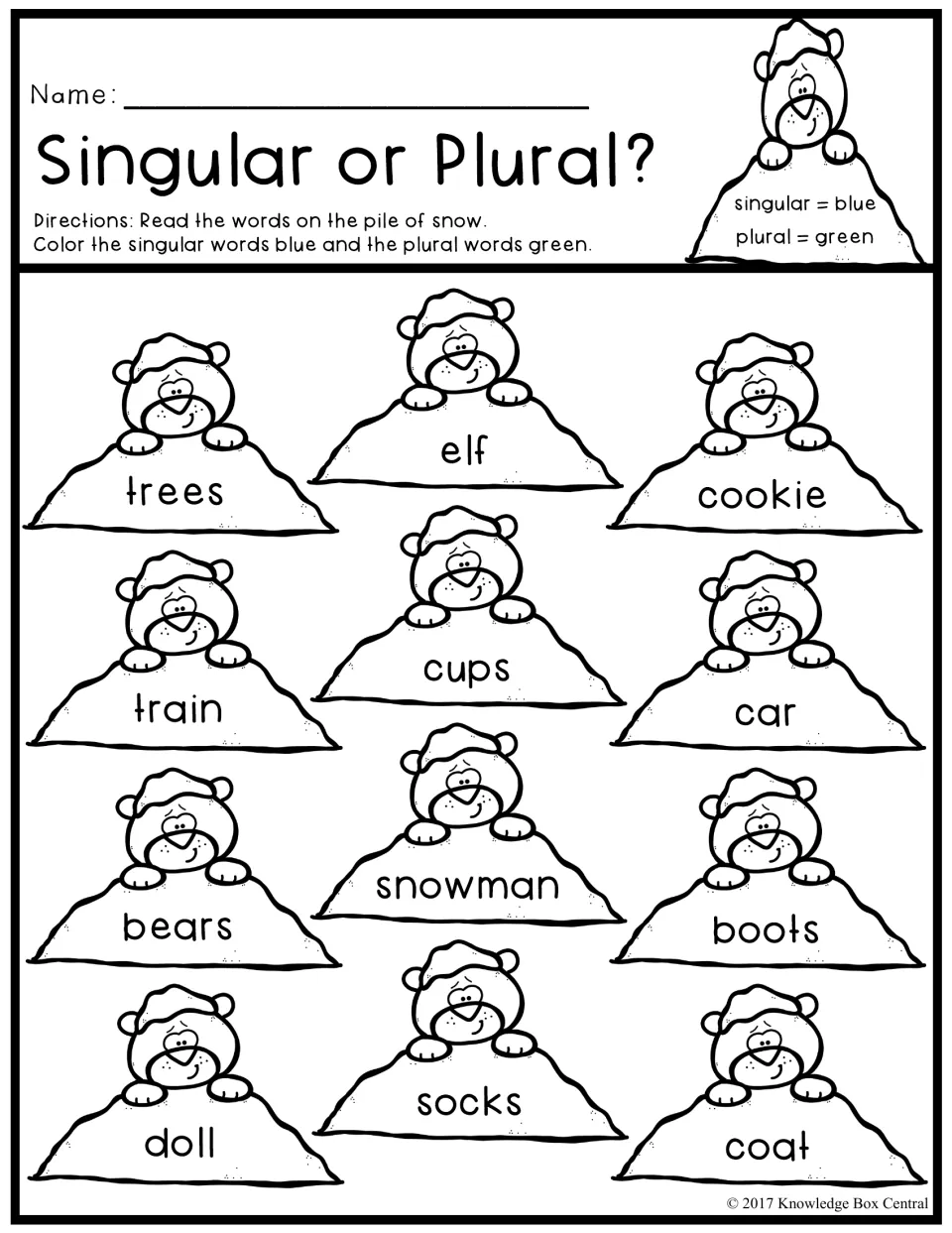 Singular or Plural?: students read 12 words on snow piles, like elf and trees, coloring singular blue and plural green