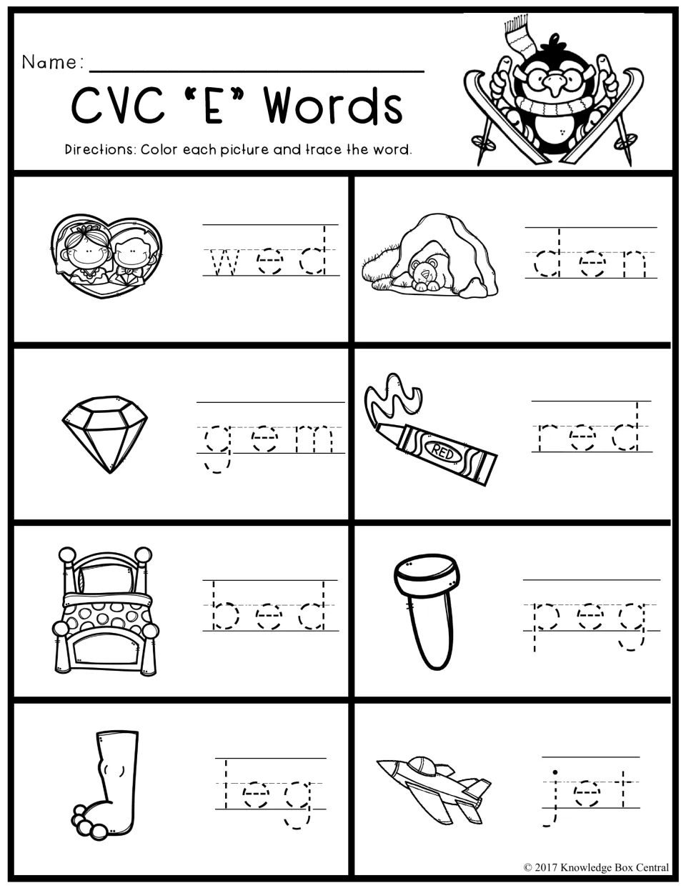 CVC "E" Words: students color pictures and trace short e words wed, den, gem, red, bed, peg, leg and jet