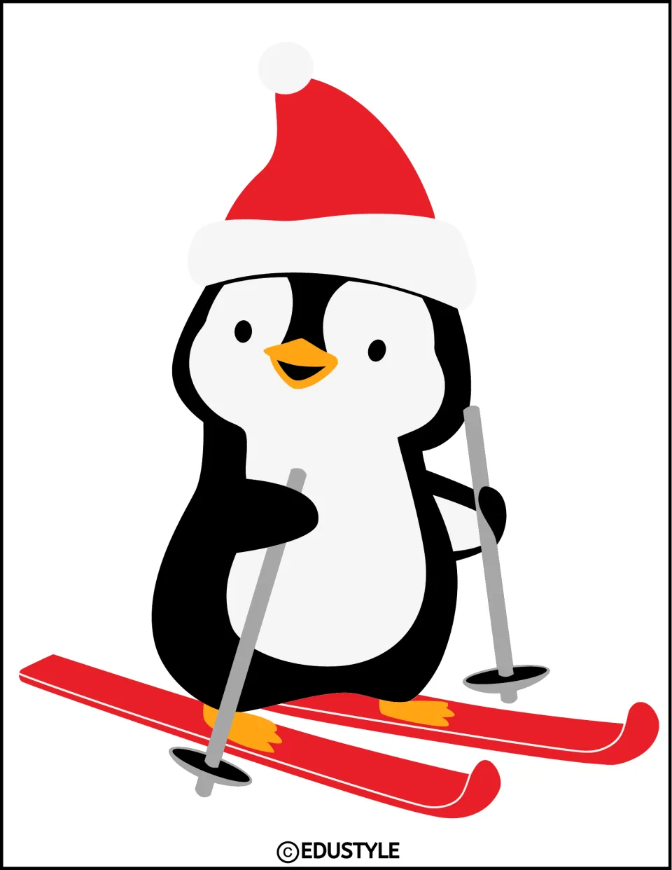 Complete skiing penguin decoration with a red winter hat and red skis pointing right, for the winter kit