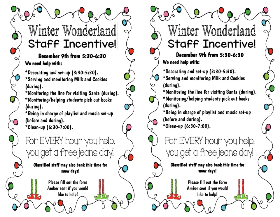 Staff incentive note, printed twice, lists December 9 event help and a free jeans day for every hour volunteered.