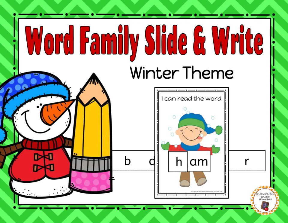 Word Family Slide & Write winter theme cover, showing a word card with an 'am' slider spelling 'ham'