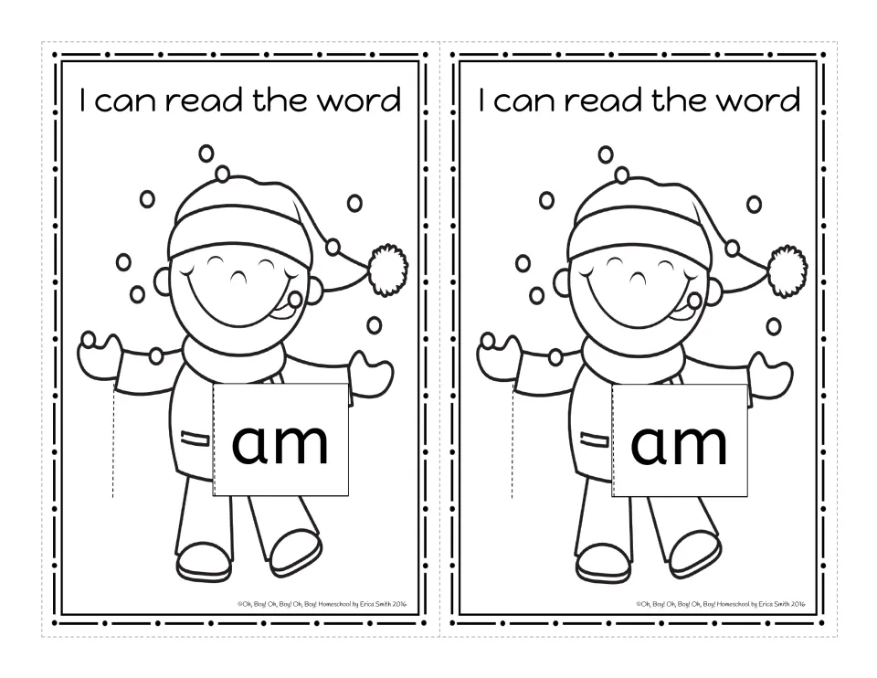 Black-and-white 'am' word family cards, two per page, with 'I can read the word' and the winter child outline