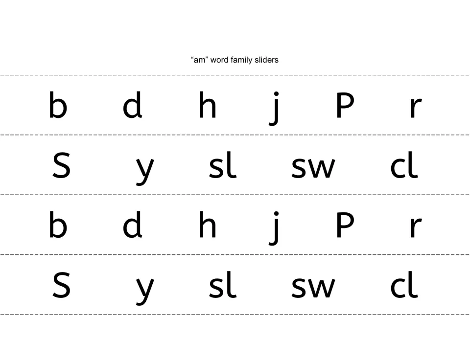 Slider letters for the 'am' family, printed twice: b, d, h, j, P, r, S, y, sl, sw, cl (bam, ham, clam)