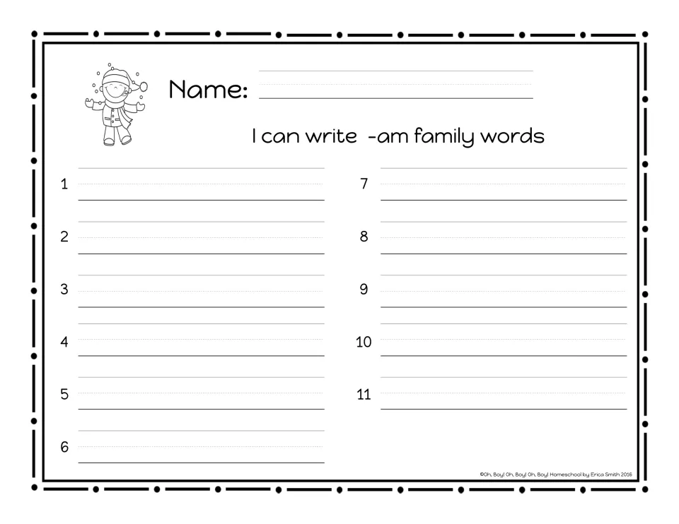 'I can write -am family words' writing page: name, then spaces 1–11 for the words read on the slider