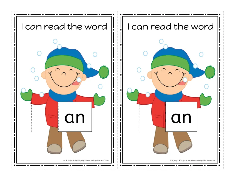 Color 'an' word family cards, two per page, with 'I can read the word' and a child in a red coat and blue hat