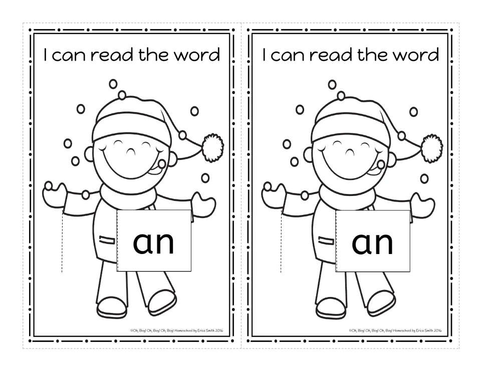 Black-and-white 'an' word family cards, two per page, with the 'I can read the word' child outline