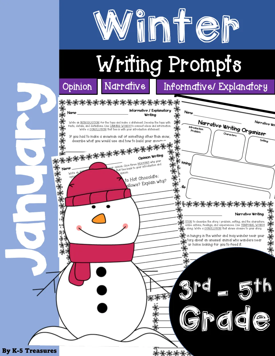 Winter Writing Prompts for 3rd-5th Grade cover: January opinion, narrative and informative prompts with a snowman