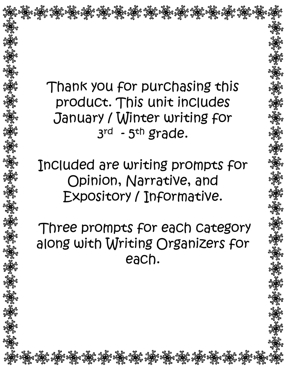 Unit overview note: three opinion, narrative and expository prompts each, plus a writing organizer for each genre