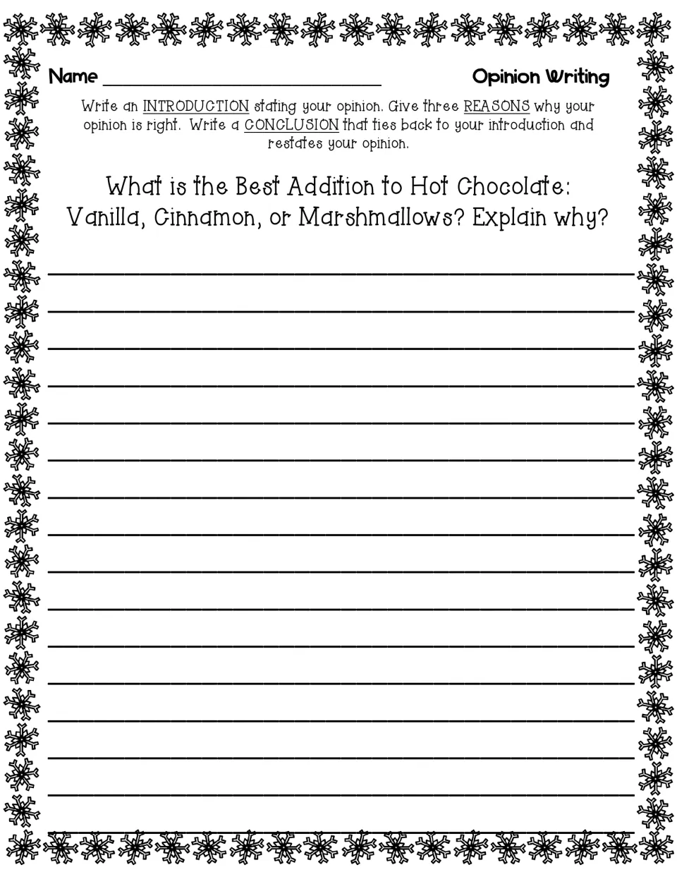 Hot chocolate opinion prompt: students choose vanilla, cinnamon or marshmallows and support it with three reasons