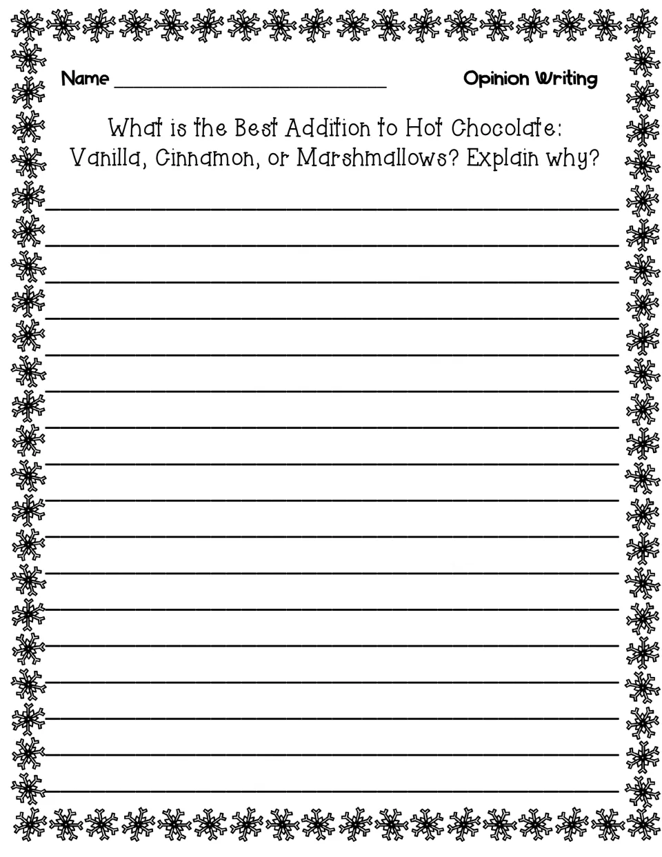 Hot chocolate opinion prompt repeated without directions so students keep drafting their best-addition argument