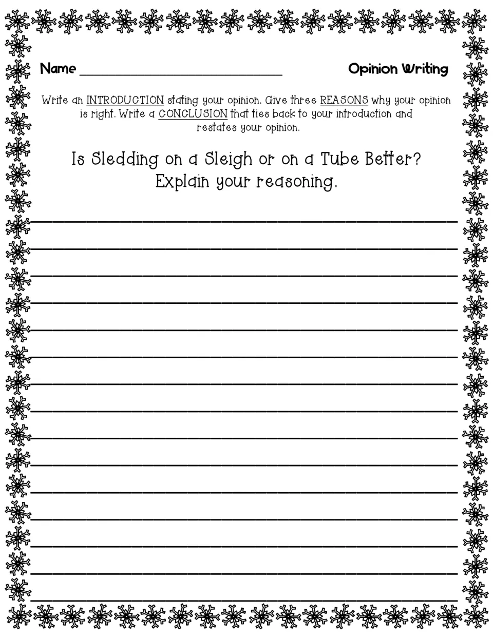 Sledding opinion prompt: students argue whether a sleigh or a tube is better, backing it with three reasons