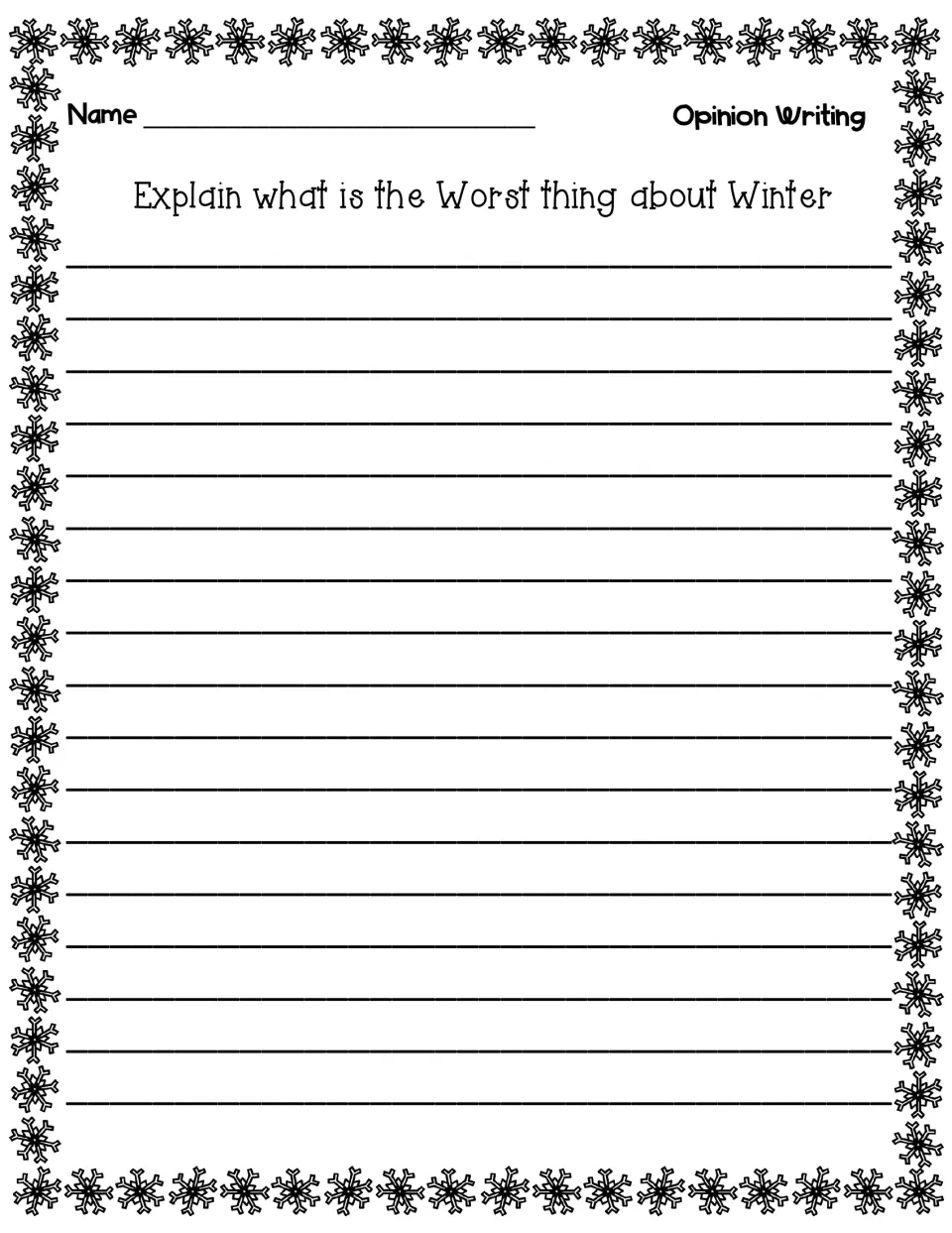 Worst thing about winter question repeated without directions, giving students more room to finish their opinion writing