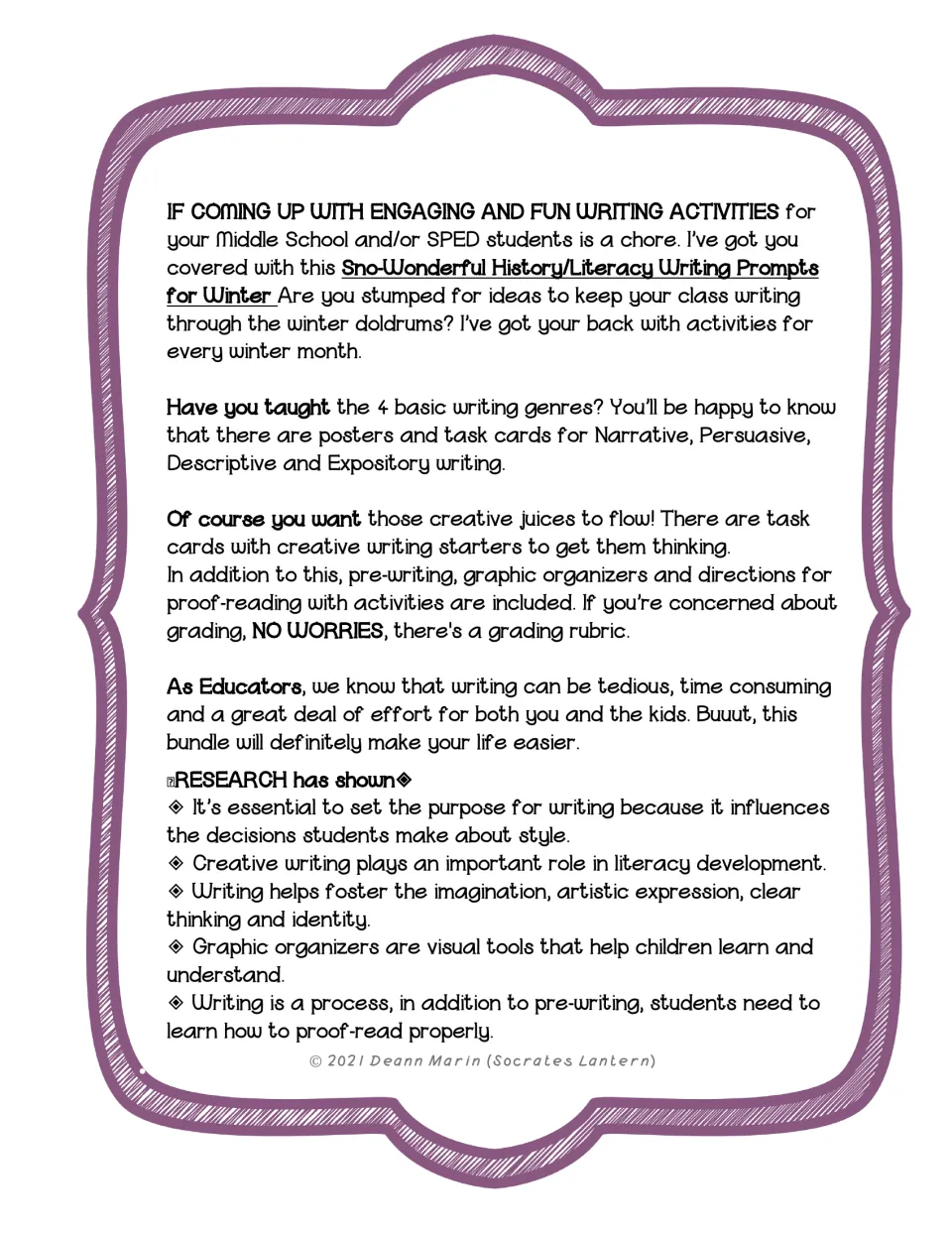 Teacher introduction describing the winter writing activities for 4 genres, plus a list of research notes on writing